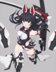  &gt;:o 1girl agatsuma_kaede alice_gear_aegis animal_ears black_eyes black_hair breasts covered_navel elbow_gloves fake_animal_ears floating_hair gloves greaves grey_background highleg highleg_leotard impossible_clothes impossible_leotard katana kazuoki leotard long_hair mecha_musume medium_breasts sheath simple_background solo sword unsheathed weapon 