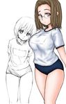  age_difference arms_behind_back asanagi bangs breast_envy breasts buruma child colorized flat_chest frown glasses gym_uniform hitotsubashi_yurie kamichu! large_breasts leaning looking_at_viewer multiple_girls partially_colored shijou_mitsue short_hair simple_background sketch standing thighs 