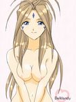  aa_megami-sama artist_request belldandy blue_eyes breast_squeeze breasts brown_hair character_name facial_mark forehead_mark heart long_hair lowres medium_breasts nipple_slip nipples nude simple_background solo v_arms white_background 