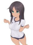  1girl alice_gear_aegis breasts brown_hair buruma clenched_hands closed_mouth covered_navel dark_skin eyebrows_visible_through_hair green_eyes gym_uniform hands_up kaneshiya_sitara kazuoki large_breasts long_hair sidelocks simple_background smile solo thighs white_background 