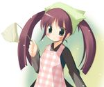  apron aqua_eyes artist_request blush brown_hair duster head_scarf holding long_hair long_sleeves original pink_apron plaid plaid_apron smile solo twintails 