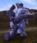  3_penises aeonortha anthro balls behemoth_(disambiguation) big_balls big_penis erection genitals horn huge_penis hyper hyper_genitalia hyper_penis knot male multi_genitalia multi_penis multi_urethra nude penis piercing solo standing 