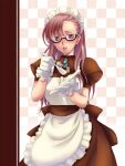  1girl apron asymmetrical_hair bangs blush breasts brown-framed_eyewear brown_dress brown_eyes checkered_background commentary_request cowboy_shot dated_commentary dress eyebrows_visible_through_hair food frilled_apron frills glasses gloves holding holding_spoon incoming_food kafra_uniform kawagoe_pochi leilah_(ragnarok_online) long_hair looking_at_viewer maid maid_headdress medium_breasts open_mouth pink_hair puffy_short_sleeves puffy_sleeves ragnarok_online semi-rimless_eyewear short_sleeves solo soup spoon under-rim_eyewear waist_apron white_apron white_gloves 