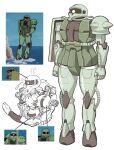  cable clenched_hands gundam highres keuma mecha mobile_suit_gundam mobile_suit_gundam:_cucuruz_doan&#039;s_island one-eyed parody quality reference_inset science_fiction standing water zaku_ii zeon 