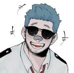  1boy :d animal_crossing bandaid bandaid_on_face bandaid_on_nose bara blue_hair blush collared_shirt face facial_hair flat_color izukuxo looking_at_viewer male_focus mature_male partially_unbuttoned personification shirt short_hair sideburns smile solo stubble sunglasses teeth thick_eyebrows upper_body wilbur_(animal_crossing) 