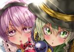  2girls backlighting black_hairband black_headwear blush close-up commentary_request eyeball eyebrows_visible_through_hair face frilled_shirt_collar frilled_sleeves frills green_eyes green_hair hair_between_eyes hairband hat hat_ribbon highres komeiji_koishi komeiji_satori long_sleeves looking_at_viewer maboroshi_mochi multiple_girls open_mouth pink_eyes pink_hair ribbon simple_background teeth third_eye touhou upper_teeth white_background yellow_ribbon 