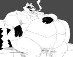  2022 5_fingers a-side anthro belly big_belly bottomwear cigar claws clothed clothing fangs fingers guardians_of_the_galaxy hand_on_stomach hi_res jacket jewelry male mammal marvel navel necklace obese obese_anthro obese_male open_mouth overweight overweight_anthro overweight_male pants procyonid raccoon red_eyes rocket_raccoon shirt sitting smoke smoking smoking_cigar solo tongue topwear 