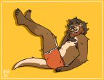  anthro antrimbull armpit_hair beard body_hair bottomwear brown_hair chest_hair clothed clothing facial_hair finger_to_mouth ginger hair happy_trail hotpants legs_up long_hair lutrine male mammal markings mustache mustelid nipples partially_clothed river_otter shadow shorts simple_background solo solo_focus 