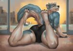  anthro biped black_claws black_nose black_pawpads blue_body bulge butt claws clothed clothing digital_drawing_(artwork) digital_media_(artwork) fur hair juiceps male mammal muscular muscular_male on_ground open_mouth pawpads sliding_door smile solo white_body window 