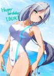  1girl bangs breasts cloud covered_navel d4dj grey_eyes grey_hair hair_behind_ear happy_birthday head_tilt highres hiraken long_hair medium_breasts niijima_ibuki ocean one-piece_swimsuit ponytail sideboob single_thighhigh sky smile solo swimsuit thighhighs very_long_hair water white_legwear white_swimsuit 