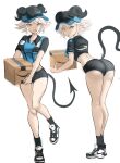  1girl :d amazon amazon_(company) ass black_shorts blonde_hair blue_shirt box breasts cardboard_box demon_girl demon_horns demon_tail hat highres horns horns_through_headwear huge_ass large_breasts looking_at_viewer original rakeemspoon shirt shoes short_shorts shorts smile sneakers solo susan_(rakeem_garcia-cueto) tail uniform white_background wide_hips 