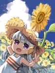  1girl animal_ears arm_behind_head bangs bare_arms child dress dutch_angle ears_through_headwear flower gold_ship_(umamusume) grey_hair hat horse_ears long_hair looking_at_viewer noma_taoru open_mouth outdoors sleeveless sleeveless_dress smile straw_hat sunflower twitter_username umamusume v white_dress 