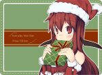  1girl alternate_costume ayase_yuuki_(mikan_mochi) bare_shoulders bat_wings blush border bow box christmas christmas_present commentary_request covering_mouth dot_nose english_text eyebrows_visible_through_hair gift gift_box green_background hair_between_eyes hat head_wings highres holding holding_box koakuma long_hair long_sleeves red_bow red_eyes red_hair red_shirt santa_costume santa_hat shirt simple_background touhou upper_body white_border wings 