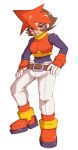  1girl atlas_(mega_man) bangs belt black_bodysuit bodysuit boots breasts brown_belt brown_hair bumpkin_(bumpkinnie) clenched_teeth cropped_jacket english_commentary highres jacket looking_to_the_side medium_breasts mega_man_(series) mega_man_zx mega_man_zx_advent multicolored_hair orange_footwear orange_jacket pants pink_eyes red_hair short_hair sleeveless sleeveless_jacket solo teeth two-tone_hair v-shaped_eyebrows white_pants 