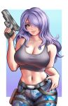  1girl absurdres belt breasts camilla_(fire_emblem) camouflage camouflage_pants cleavage commission cosplay crop_top fire_emblem fire_emblem_fates gun hair_over_one_eye highres holding holding_gun holding_weapon jackary lara_croft lara_croft_(cosplay) large_breasts lips midriff navel pants purple_hair solo tank_top tomb_raider weapon 