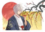  1boy bangs blue_jacket branch closed_eyes cup granblue_fantasy grey_hair hand_up highres jacket japanese_clothes kimono lucifer_(shingeki_no_bahamut) male_focus osamu_(jagabata) parted_lips sakazuki short_hair smile solo upper_body white_kimono 