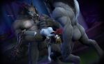  3d_(artwork) abdominal_bulge ambiguous_penetration animal_genitalia animal_penis anthro anthro_penetrating anthro_penetrating_humanoid balls big_balls blizzard_entertainment blue_body blue_eyes blue_nipples blue_skin butt canid canine_penis chaossu clothing digital_media_(artwork) dominant dominant_anthro elf erection fellatio female forest fur genitals grey_body grey_fur group hair hi_res humanoid humanoid_on_anthro humanoid_penetrated knot larger_male legwear long_hair looking_at_genitalia looking_at_penis male male/female mammal night_elf nipple_piercing nipples oral outside outside_sex penetration penile penis piercing plant red_eyes sex size_difference smaller_female spread_legs spreading submissive submissive_female sylvanas_windrunner thigh_highs tree trio vein veiny_penis video_games warcraft were werecanid worgen 