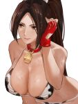  1girl adjusting_hair animal_print bangs bell bikini breasts brown_eyes brown_hair cleavage closed_mouth collar cow_print cowbell fatal_fury fingerless_gloves gloves hair_ornament highres j@ck large_breasts leaning_forward light_smile long_hair looking_to_the_side orange_eyes parted_bangs ponytail print_bikini red_collar red_gloves shiranui_mai simple_background smile solo string_bikini sweat swimsuit the_king_of_fighters upper_body wet wet_hair white_background 