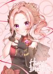  1girl bangs black_gloves blush bracelet breasts d4dj dress flower gloves hair_flower hair_ornament happy_birthday highres jewelry looking_at_viewer medium_breasts parted_bangs pink_background pink_flower pink_hair purple_hair red_dress smile solo veil yano_hiiro yunoki_(user_cram7852) 