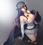  1girl albedo_(overlord) alternate_costume armpit_crease artist_logo artist_name bare_shoulders belt black_hair black_ribbon black_wings blue_nails breasts cleavage collarbone contemporary cropped_legs demon_horns dress eyebrows_visible_through_hair feathered_wings frills from_above gradient gradient_background grey_background hair_between_eyes hair_ornament horn_ornament horn_ribbon horns jewelry large_breasts long_hair long_sleeves looking_at_viewer low_wings nail_polish necklace off-shoulder_sweater off_shoulder orange_eyes overlord_(maruyama) parted_lips raoul_(raoul77) ribbon simple_background skull_hair_ornament solo sweater sweater_dress thigh_strap very_long_hair white_sweater wings wrist_ribbon 