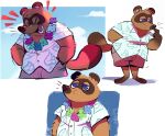  aloha_shirt animal_crossing anthro blue_eyes bottomwear brown_body brown_fur canid canine clothing fur hi_res laugh lei lidded_eyes male mammal nintendo pattern_clothing pattern_shirt pattern_topwear ploommy raccoon_dog shirt shorts slightly_chubby solo tanuki tom_nook_(animal_crossing) topwear video_games whiskers 