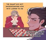  ace_attorney ascot black_eyes black_hair board_game border chess chess_piece chessboard eating_the_chess_pieces_(meme) english_commentary formal grey_hair highres looking_at_viewer meme miles_edgeworth outside_border phoenix_wright short_hair suit vivbluetea white_border 