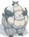  anthro beastars belly big_belly canid canine canis digital_media_(artwork) hi_res legoshi_(beastars) male mammal moobs nemata0 obese obese_anthro obese_male overweight overweight_anthro overweight_male simple_background solo thick_thighs wolf 
