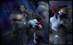 3d_(artwork) abdominal_bulge ambiguous_penetration animal_genitalia animal_penis anthro anthro_penetrating anthro_penetrating_humanoid balls big_balls blizzard_entertainment blue_body blue_eyes blue_nipples blue_skin canid canine_penis chaossu close-up clothing digital_media_(artwork) dominant dominant_anthro elf erection fellatio female forest fur genitals grey_body grey_fur group hair hi_res humanoid humanoid_on_anthro humanoid_penetrated knot larger_male legwear long_hair looking_at_genitalia looking_at_penis male male/female mammal night_elf nipple_piercing nipples oral outside outside_sex penetration penile penis piercing plant red_eyes sex size_difference smaller_female spread_legs spreading submissive submissive_female sylvanas_windrunner thigh_highs tree trio vein veiny_penis video_games warcraft were werecanid worgen 