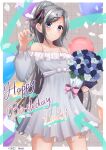  1girl 2022 absurdres balloon black_bow blue_eyes blue_flower border bouquet bow bra_strap collarbone confetti d4dj dress flower grey_bow grey_dress hair_behind_ear hair_bow hair_ornament hairclip happy_birthday highres holding holding_bouquet niijima_ibuki off-shoulder_dress off_shoulder outside_border ponytail solo white_border yuzu_ponzu_(vgah7445) 