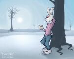  albino anthro clothed clothing colored detailed_background digital_media_(artwork) english_text fur hi_res lagomorph landscape leporid lost_andsafe male mammal plant rabbit red_eyes solo sweater text topwear tree white_body winter 