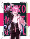  1boy character_name dated highres ireisu jacket long_sleeves male_focus microphone multicolored_background naiko_(ireisu) one_eye_closed open_mouth pants pi_pa pink_eyes pink_hair short_hair smile solo sweatpants 