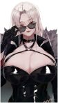  1girl absurdres black_gloves bluecup breasts choker cleavage collarbone dungeon_and_fighter eyebrows_visible_through_hair female_slayer_(dungeon_and_fighter) glasses gloves highres large_breasts looking_at_viewer red_eyes removing_eyewear revealing_clothes simple_background solo sunglasses upper_body white_background white_hair 