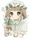 1girl :&gt; absurdres animal_ears bangs blunt_bangs blush bonnet brown_hair bunny buttons closed_mouth collared_shirt cuffs english_text flower frilled_cuffs frilled_shirt_collar frills green_eyes hair_ornament hairpin high_collar highres holding holding_plant lily_of_the_valley looking_at_viewer nagihoko nail_polish original plant potted_plant puffy_short_sleeves puffy_sleeves ribbon shirt short_hair short_sleeves smile solo star_(symbol) striped striped_headwear white_headwear 