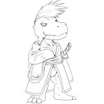  absurd_res agumon anthro asian_clothing bandai_namco bushiagumon claws clothing digimon digimon_(species) east_asian_clothing fundoshi heibanhikaru hi_res japanese_clothing katana kimono line_art male melee_weapon reptile scalie sharp_teeth solo sword teeth underwear weapon 