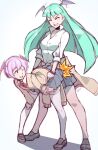  2girls bat_wings clothes_around_waist demon_girl green_hair head_wings highres its_just_suppi lilith_aensland long_hair morrigan_aensland multiple_girls purple_hair school_uniform sexually_suggestive short_hair sweater sweater_around_waist thighhighs vampire_(game) wings 