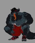  anthro badnightowl big_bulge bulge clothing crouching demon footwear hat headgear headwear horn huge_bulge hyper hyper_bulge long_tongue male shoes solo thick_tail tongue tongue_out underwear 