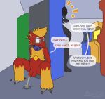  anthro avian bird blaziken bodily_fluids canid canine duo embarrassed english_text genital_fluids hi_res male mammal nintendo peeing pok&eacute;mon pok&eacute;mon_(species) ritzcat text urine video_games 