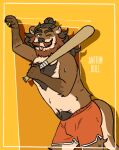  anthro antrimbull armpit_hair baseball_bat bat_(object) beard bodily_fluids body_hair bottomwear brown_hair chest_hair clothed clothing facial_hair ginger hair hair_bun happy_trail hotpants leaning long_hair looking_at_viewer lutrine male mammal markings mustache mustelid partially_clothed river_otter shadow shorts simple_background solo solo_focus sweat tied_hair tongue tongue_out 