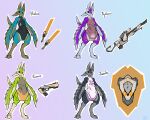  4_ears abstract_background absurd_res anthro avali avian blue_body blue_fur clothing female fur gear green_body green_fur grey_body grey_fur group gun hi_res lodi male melee_weapon model_sheet multi_ear pack purple_body purple_fur ranged_weapon rifle shield sniper_rifle sword weapon winged_arms wings 