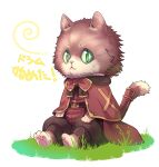  1boy barefoot belt brown_belt brown_capelet brown_coat brown_pants capelet cat_boy closed_mouth coat commentary_request fluffy full_body furry furry_male grass highres kawagoe_pochi looking_at_viewer male_focus pants ragnarok_online sitting solo summoner_(ragnarok_online) white_background 