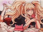  1990s_(style) 1girl :o artist_name bangs black_shirt breasts character_name cleavage collarbone criis-chan danganronpa:_trigger_happy_havoc danganronpa_(series) enoshima_junko eyebrows_visible_through_hair holding holding_phone kneehighs long_hair looking_at_viewer lying monokuma no_shoes on_stomach phone pleated_skirt retro_artstyle shiny shiny_hair shirt short_sleeves skirt solo symbol-only_commentary teeth twintails upper_teeth 