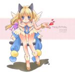  1girl animal_ears artist_name bangle bangs bikini blonde_hair blue_bikini blue_bow blush bow bracelet breasts brown_footwear cat_ears closed_mouth commentary_request dated dated_commentary eyebrows_visible_through_hair feathered_wings full_body happy_birthday heart highres jewelry kawagoe_pochi large_bow leaning_forward long_hair looking_at_viewer medium_breasts mismatched_bikini navel ragnarok_online sandals smile solo standing swimsuit wanderer_(ragnarok_online) white_bikini white_wings wings 