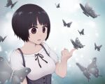  1girl bangs black_hair breasts brown_eyes bug butterfly butterfly_on_hand commentary_request gradient gradient_background index_finger_raised medium_breasts open_mouth original shadow shirt short_hair short_sleeves solo white_shirt yajirushi_(chanoma) 