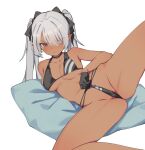  bare_arms bare_legs bare_shoulders bikini bikini_pull black_bikini black_gloves blue_archive breasts brown_eyes choker clothes_pull collarbone dark-skinned_female dark_skin gloves groin hair_over_one_eye hair_ribbon highres iori_(blue_archive) iori_(swimsuit)_(blue_archive) maao_you_you medium_breasts multi-strapped_bikini navel official_alternate_costume pointy_ears pulled_by_self ribbon silver_hair spread_legs string_bikini swimsuit thighs twintails v-shaped_eyebrows wedgie 
