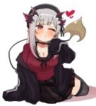  1girl absurdres bangs breasts choker demon_girl demon_tail earrings eyebrows_visible_through_hair highres honey_strap horns jacket jewelry large_breasts multicolored_hair pointy_ears red_eyes simple_background skirt suou_patra tail thighhighs virtual_youtuber white_background 