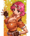  1girl amania_orz breasts brown_gloves brown_jacket cleavage covered_nipples dated dragon_quest dragon_quest_dai_no_daibouken fingerless_gloves gloves goggles goggles_on_head hand_on_hip highres jacket large_breasts maam medium_hair pink_hair short_sleeves solo twitter_username 