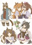  6+girls :3 :d absurdres animal_ears bangs bare_shoulders beanie black_dress black_eyes black_hair black_legwear blue_jacket bow bowtie breasts brown_eyes brown_hair character_name cheek-to-cheek cleavage closed_mouth dress eishin_flash_(umamusume) enonko frilled_dress frills green_shirt hands_in_pockets hat heads_together highres horse_ears horse_girl horse_tail jacket long_sleeves multiple_girls one_eye_closed open_mouth polka_dot polka_dot_background purple_bow purple_bowtie red_shirt school_uniform shirt short_sleeves shorts skirt smile tail thighhighs tokai_teio_(umamusume) tosen_jordan_(umamusume) twintails umamusume white_background white_shorts white_skirt 