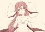  alternate_hairstyle ayase_yuuki_(mikan_mochi) bat_wings bed blush bow collarbone commentary_request completely_nude covering covering_breasts dot_nose eyebrows_visible_through_hair hair_between_eyes hair_bow hair_ribbon hands_on_own_chest head_wings highres koakuma long_hair looking_at_viewer low_wings lying muted_color navel nose_blush nude out-of-frame_censoring pillow ponytail red_bow red_eyes red_hair ribbon smile sweat touhou tress_ribbon upper_body very_long_hair wings 