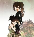  1boy 1girl absurdres androgynous black_hair brown_eyes bush dororo_(character) dororo_(tezuka) grin highres hinamori_(m_nmy01) hyakkimaru_(dororo) japanese_clothes long_hair ponytail prosthesis prosthetic_arm signature smile 