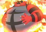  anthro belly big_(disambiguation) claws domestic_cat felid feline felis feral fire fur grey_body hand_on_stomach heavy hi_res incineroar inflation male mammal marumu_5656 morbidly_obese nintendo obese overweight pok&eacute;mon pok&eacute;mon_(species) red_body red_fur solo touching_chest video_games weight_gain 
